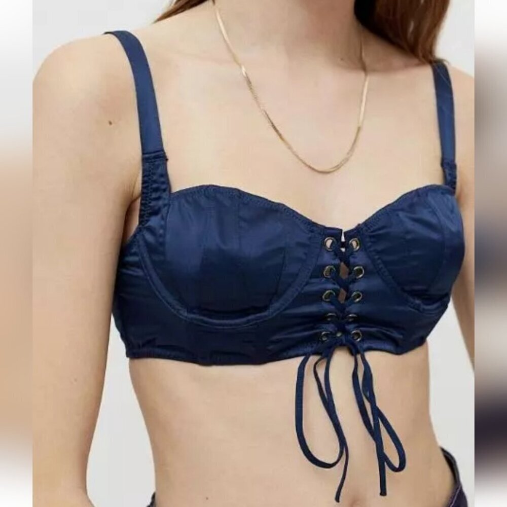 Urban Outfitters Navy Lace-Up Crop Bustier Top